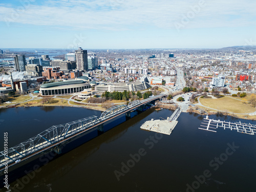 Aerial view of Gatineau skyline and bridge over Ottawa River, Quebec Canada, seen from Ottawa. g.