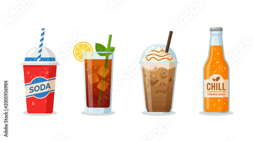 Cold Drinks Icon Set with Soda Cup Iced Tea Frappe Coffee and Orange Soda Bottle Vector Illustration