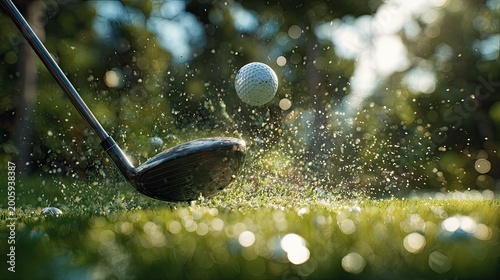 Dynamic shot of a golf club striking a ball, sending turf flying