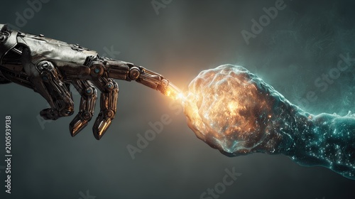 A mechanical hand connects with a glowing organic orb