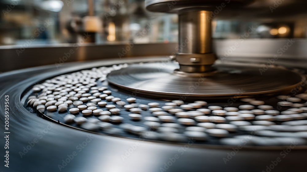 Obraz premium Tablet coating process in pharmaceutical manufacturing, rotating drum machinery, smooth pill surface finishing