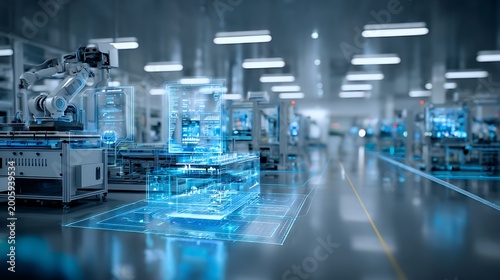 Smart pharmaceutical factory with AI monitoring system, robotic arms managing production line,