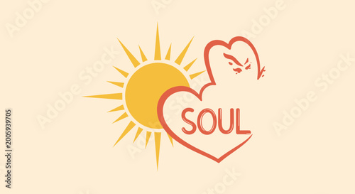Принти на полотні A stylized sun shines brightly next to a heart shape with the word SOUL inside, symbolizing warmth and inner spirit