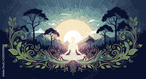 Φωτογραφία Serene meditation scene with a silhouetted figure, mountains, trees, and ornate floral patterns under a radiant sky