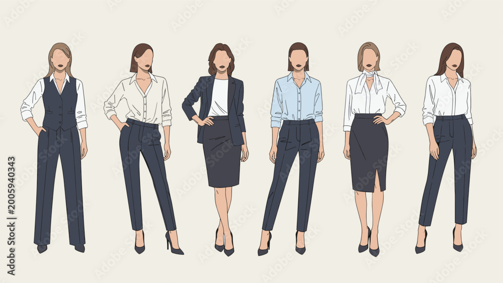 Obraz premium Collection of six women in various styles of professional business attire including suits, blouses, skirts, and smart trousers.