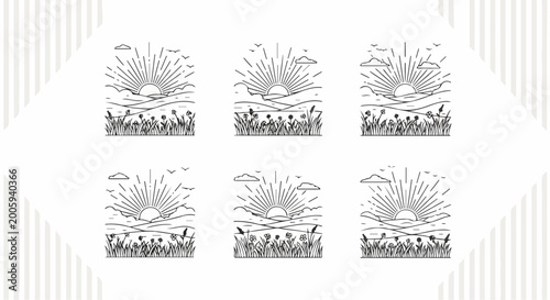 A series of six identical illustrations of a sunburst design with a crowd.