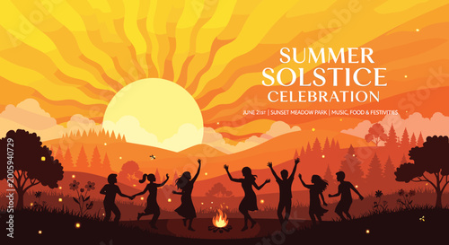 Obraz na płótnie Silhouettes of people dancing around a bonfire during a vibrant summer solstice celebration at sunset in a forest landscape