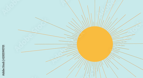 Photos A minimalist graphic illustration of a bright orange sun with numerous radiating light orange rays against a clear, serene light blue sky background