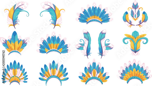 Bilde på lerret Decorative Colorful Feather and Headdress Elements Set in Blue, Yellow, and Purp