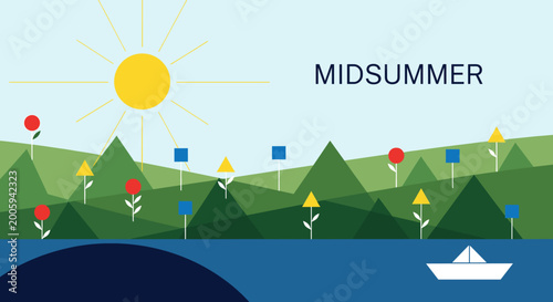 Fotografi A vibrant, stylized illustration depicts a sunny midsummer landscape with rolling green hills, a bright sun, a blue body of water, and a small boat