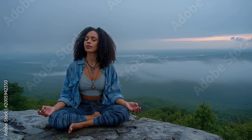 Serene woman meditating in lotus position on a rocky cliff overlooking misty mountain landscape at dawn embracing mindfulness and inner peace