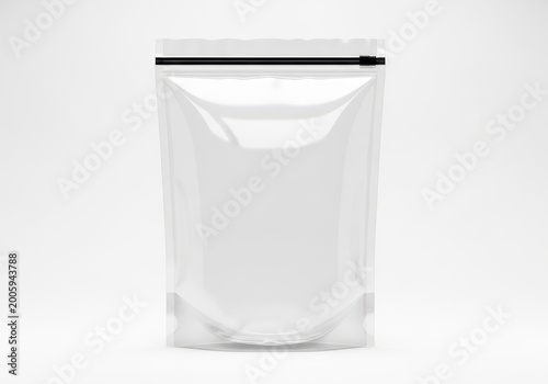 Empty clear plastic zipper pouch standing upright