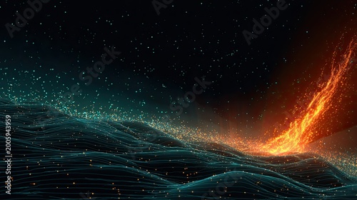 Abstract cosmic energy flow with glowing waves and particles