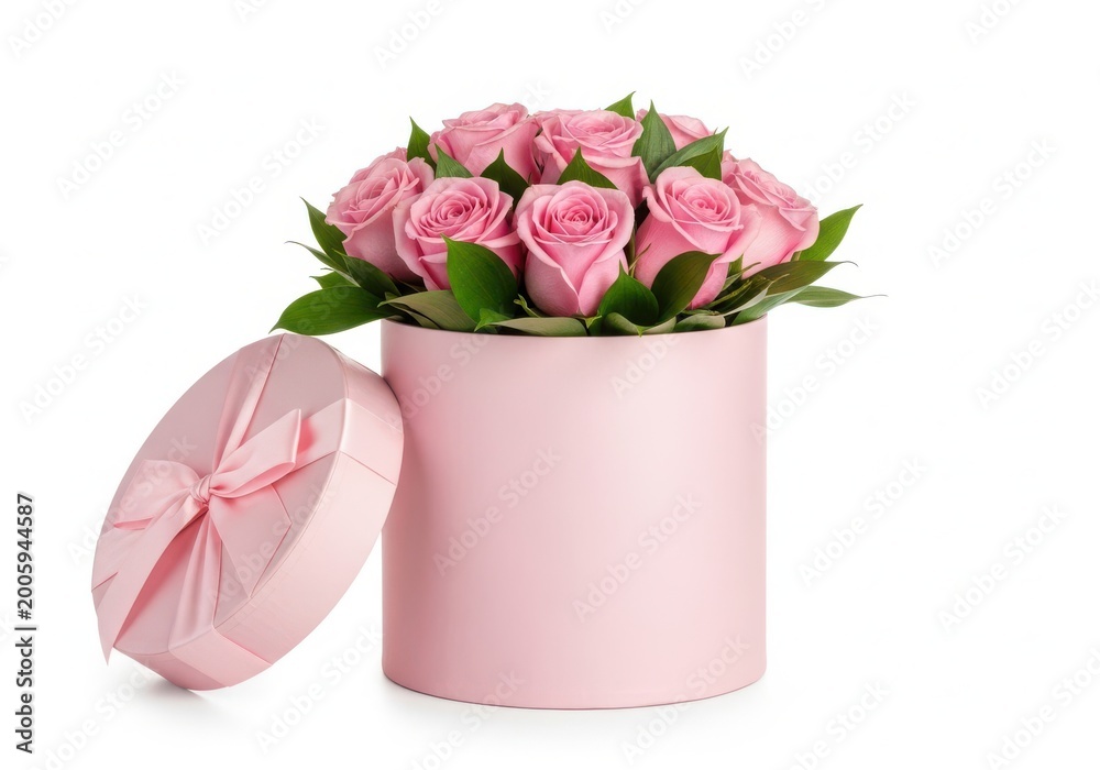 Obraz premium Pink roses bouquet in a pastel pink cylinder vase with ribbon