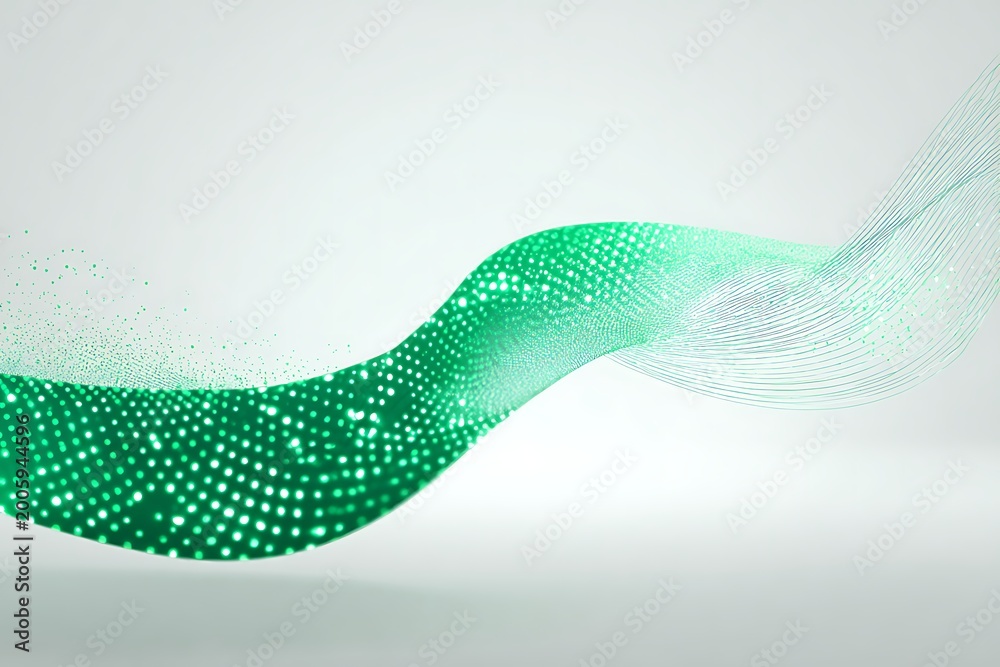 Fototapeta premium clean green energy wave, fluid glass-like surface with sparkles, bright white background, minimal and fresh, copy space bottom, eco technology concept