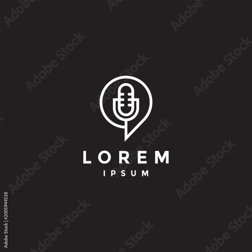 Simple Mic Message Outline Logo Design. Outline Mic In Conversation Circle Logo Design.