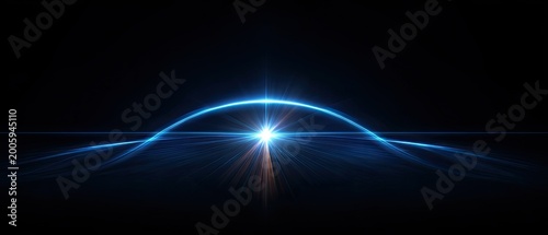 Bright blue abstract energy wave with lens flare on black background
