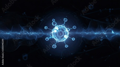 Abstract glowing blue energy sphere with radiating connections on dark background