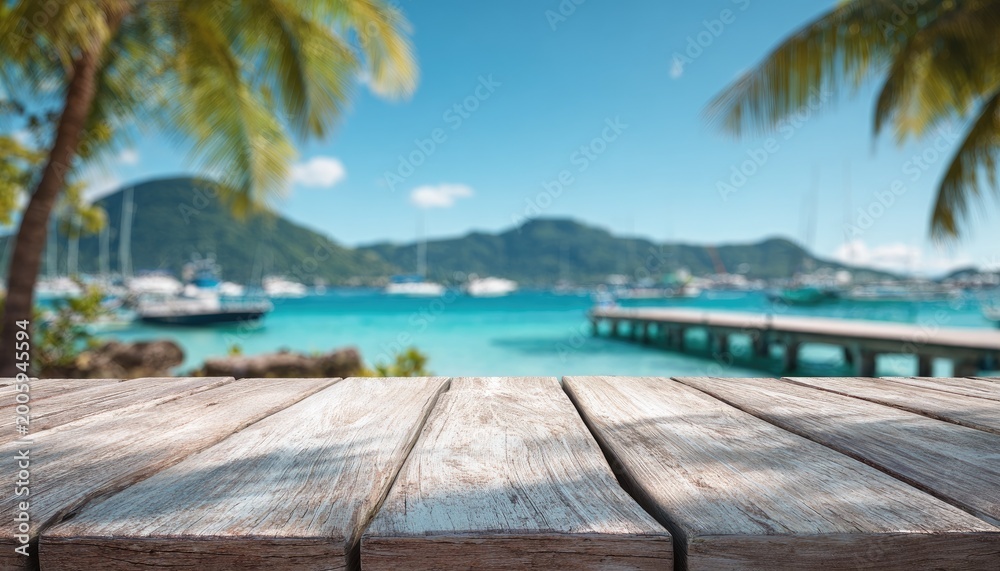 Fototapeta premium Tropical waterfront with wooden planks and clear blue sea