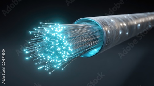 Close-up of a bundle of glowing blue fiber optic strands emerging from a conduit