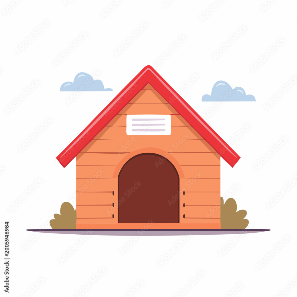 Fototapeta premium Cartoon Dog House with Red Roof and Clouds