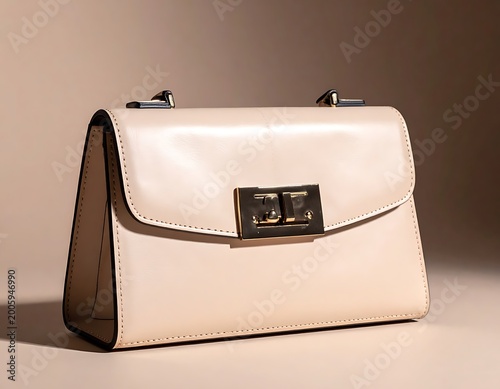 A beige leather purse with a gold clasp and metal hardware