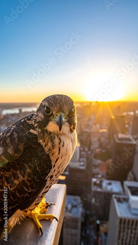 A bird perches on a railing overlooking a city at sunrise