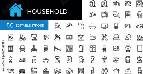Tableau sur toile Household line icon set with editable stroke featuring home appliances furniture