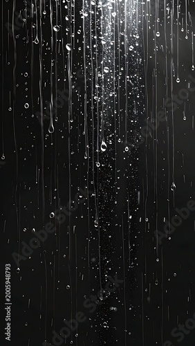 A black and white image of rain falling with sunlight shining through