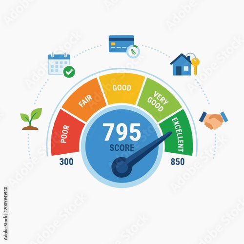 Credit Score Representation: A graphic representation of credit score illustrating different levels of financial health and creditworthiness.