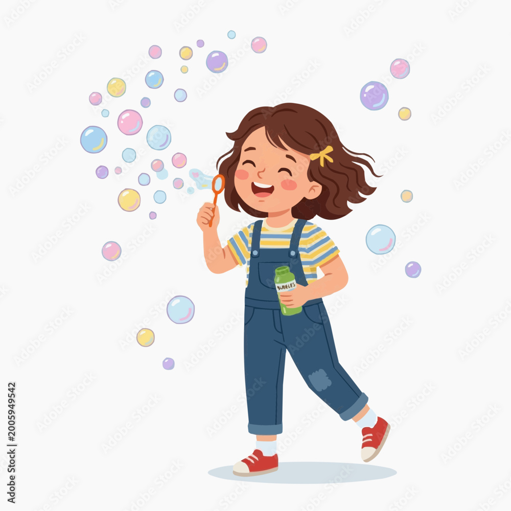 Fototapeta premium Joyful Bubbles: A charming illustration capturing a young girl's pure delight as she blows shimmering bubbles, filling the air with a magical sense of playfulness.