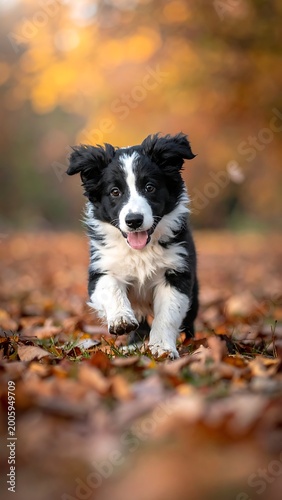 A black and white puppy runs through fallen leaves