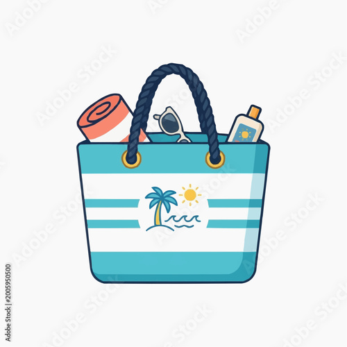 Beach Bag Essentials: A vibrant illustration showcases a beach bag overflowing with sunny day necessities, ready for a perfect day.