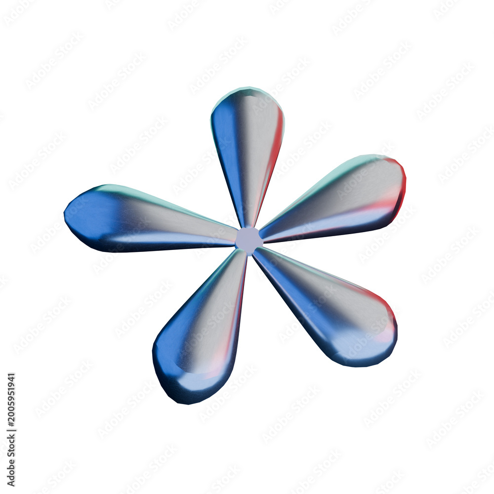Fototapeta premium Minimalist 3D abstract metallic flower with smooth reflective petals arranged symmetrically, isolated on black background.