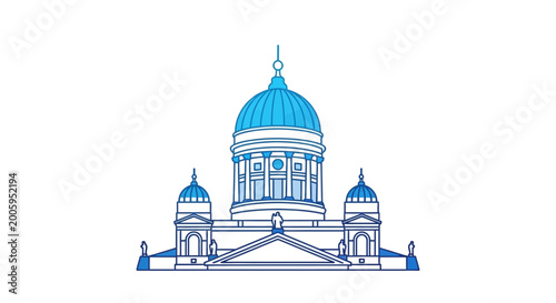 Helsinki Cathedral dome, neoclassical architecture, blue outline illustration on white background