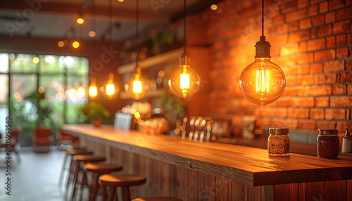 Warm and cozy interior design of a rustic wooden bar or lounge with ambient pendant lighting and textured brick walls, perfect for hospitality and restaurant concepts.
