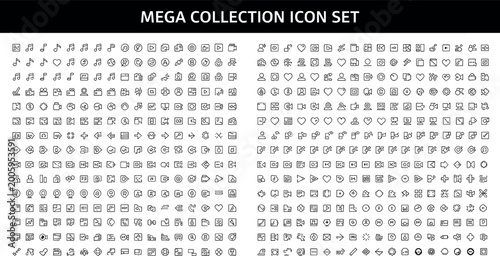 Photos Mega collection line icon set with multimedia interface communication navigation