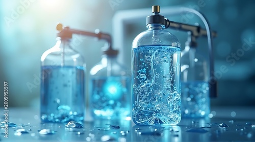 Professional Lab Bottles With Blue Liquid In Scientific Setting