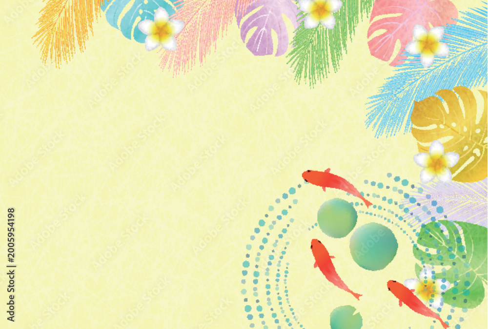 Fototapeta premium Tropical Summer Background with Goldfish and Plumeria Flowers