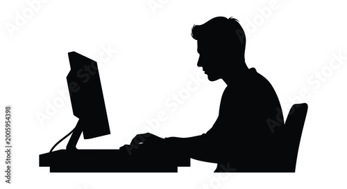 man working on computer with keyboard and monitor in black silhouette high quality professional detailed modern elegant stylish clean