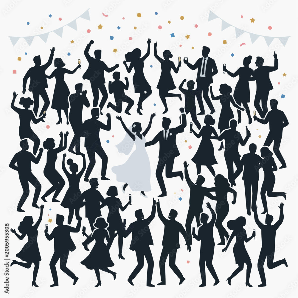 Fototapeta premium Celebration Silhouette: Dancing figures celebrate in a lively wedding reception, their silhouettes against a festive backdrop filled with confetti, exuding joy.