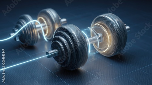 Futuristic dumbbells with glowing energy lines on dark grid