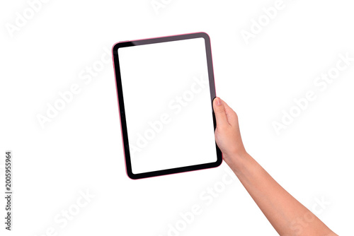 Hand holding modern tablet mockup with blank screen isolated on transparent background. Tablet PC with empty display for copy space.