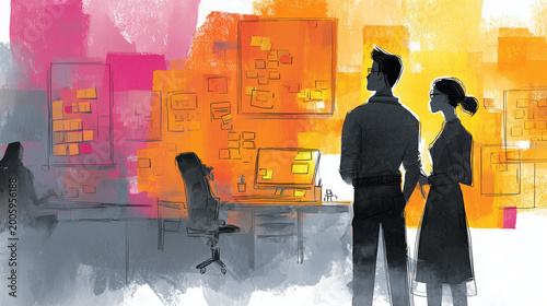 Creative professional team planning strategy in a colorful modern office watercolor illustration