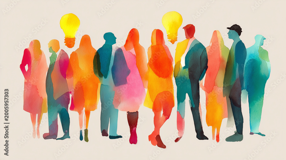 Obraz premium Group of diverse business professionals and startup founders standing together, colorful watercolor silhouette art