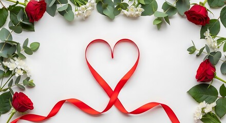 Romantic red ribbon heart on white background, floral frame with red roses and eucalyptus leaves, elegant wedding and Valentine's Day flat lay
