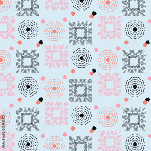 Abstract black, white, and pink seamless vector pattern background featuring spiral squares, wavy geometric shapes, and decorative starbursts on a light blue backdrop.
