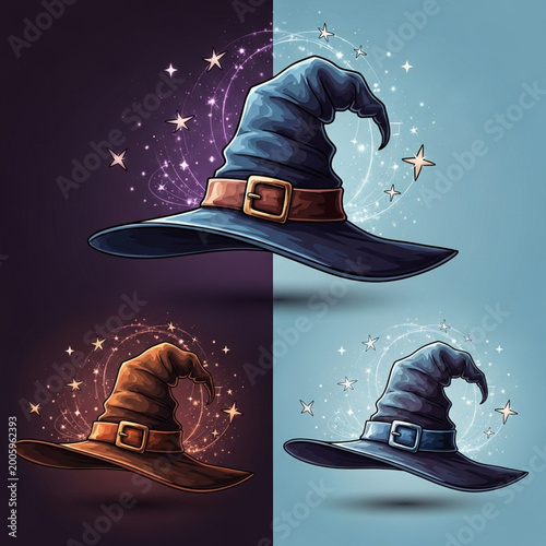 A spellbinding collection of magical wizard hats, sparkling with mystical stardust and enchanting aura, presented in various vibrant colors, perfect for fantasy themes
