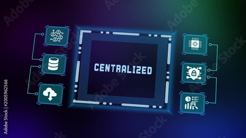 Technological infrastructure conceptual graphic visualizing consolidated data flow to a powerful core with glowing CENTRALIZED text and connections