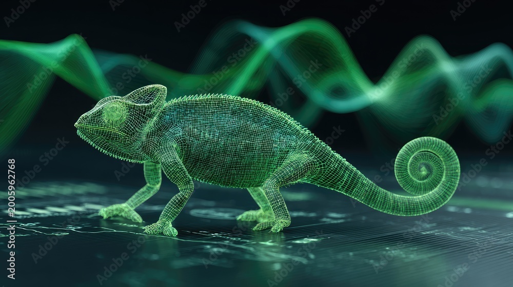 Fototapeta premium Glowing digital chameleon on a dark, tech-themed background